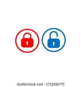Lock and Unlock button design template. Padlock icon vector illustration with round frame. Security design element. Protection symbol isolated on white background. Red and Blue Color