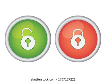 Lock and unlock button in green and red colors. Vector button glossy button style.