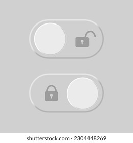 Lock and unlock buttons set. User web interface elements in Neumorphic design. Open padlock button, closed lock. Approved lock, Unlock warning alert. Private password protection. 