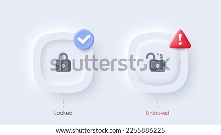 Lock and unlock buttons set. User web interface elements in Neumorphic design. Open padlock button, closed lock. Approved lock, Unlock warning alert. Private password protection. Vector illustration