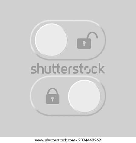 Lock and unlock buttons set. User web interface elements in Neumorphic design. Open padlock button, closed lock. Approved lock, Unlock warning alert. Private password protection. 