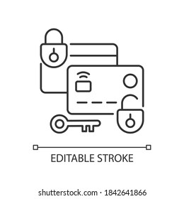 Bloquear y desbloquear el icono lineal de la tarjeta. Transacciones de dinero seguro. Seguridad de tarjeta de crédito. Protección de cuenta. Ilustración personalizable de línea delgada. Símbolo de contorno. Dibujo del contorno del vector. Trazo editable