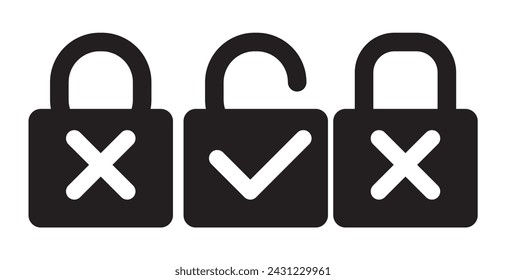 Lock and unlock check mark and cross mark icon. . Open and closed padlock. Protection and security lock. Vector illustration.