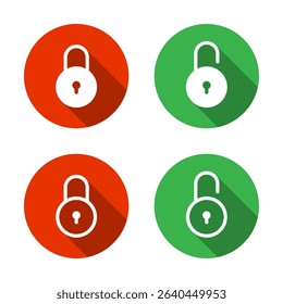 Lock and unlock circle padlock icon set with long shadow. Security, privacy protection sign symbol
