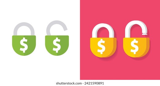 Lock unlock dollar price money padlock icon vector flat 3d graphic illustration set, blocked cash finances symbol, private secret currency trading sign, restricted sanction security image clipart