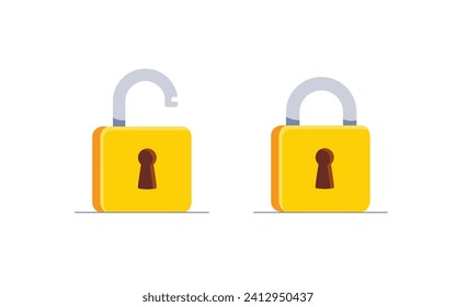 Lock and unlock flat icon. Padlock unlocked and locked. Lock closed and lock open. Symbol protection and secure. Vector illustration.