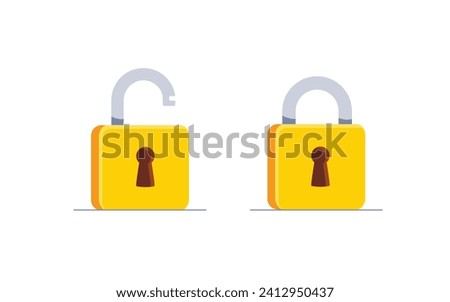 Lock and unlock flat icon. Padlock unlocked and locked. Lock closed and lock open. Symbol protection and secure. Vector illustration.