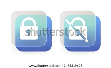 Lock and unlock glass morphism icon. Security vector symbol