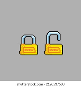 lock and unlock golden padlock in pixel art style