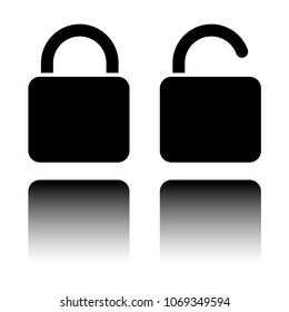 Lock and unlock Icon. Black icon with mirror reflection on white