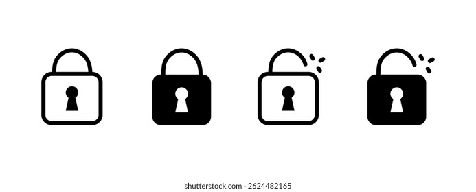 Lock and unlock icon. Closed and open padlock with keyhole vector illustration. Data security and privacy protection symbol. Access control and encryption sign. Safety and login pictogram.