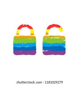 Lock and unlock Icon. Drawing sign with LGBT style, seven colors of rainbow (red, orange, yellow, green, blue, indigo, violet
