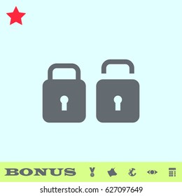 Lock and Unlock icon flat. Grey pictogram on blue background. Vector illustration symbol and bonus buttons medal, cow, earth, eye, calculator