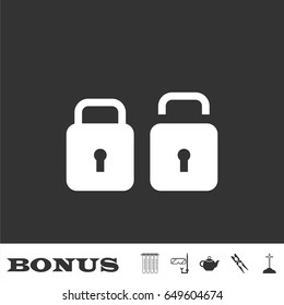 Lock and Unlock icon flat. White pictogram on black background. Vector illustration symbol and bonus icons