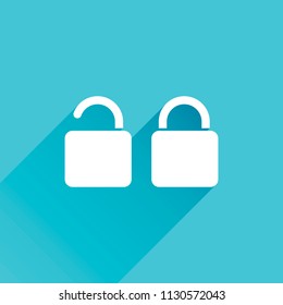 Lock and unlock Icon. Gray icon with long shadow in bottom left corner on blue background