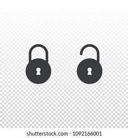 Lock and unlock icon isolated on transparent background. Outline element for design mobile app or website. Vector interface button. Open and close symbol