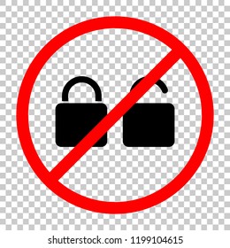 Lock and unlock Icon. Not allowed, black object in red warning sign with transparent background