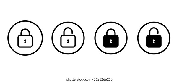 Icono de bloqueo y desbloqueo en la línea circular. Señal de candado de seguridad. Símbolo de protección de privacidad seguro