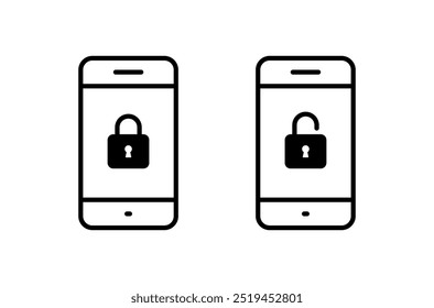 Lock and unlock icon on phone screen. Cellphone with padlock sign symbol