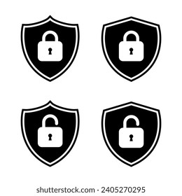 Lock and unlock icon on shield. Safeguard, security symbol vector