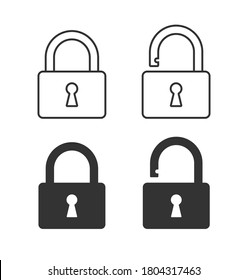 Icono de bloqueo y desbloqueo. Padlock signo abierto y cerrado. Símbolo de inicio de sesión y salida de sesión. Logo de acceso a la seguridad. Imagen de la ilustración del vector. Forma de silueta negra aislada sobre fondo blanco.