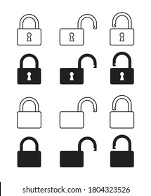 Lock and unlock icon. Padlock open and closed sign. Log in and log out symbol. Security access logo. Vector illustration image. Black silhouette shape isolated on white background.