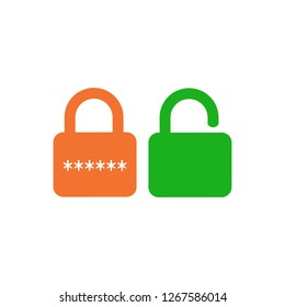 Lock Unlock Icon with password orange and green in trendy flat style isolated on white background. Security symbol for your web site design, logo, app, UI. Vector illustration.