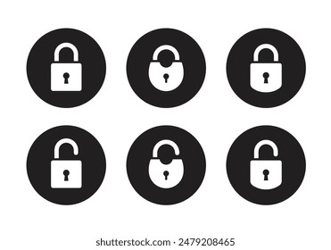 Icono de bloqueo y desbloqueo símbolo de privacidad establecido en círculo en color blanco y negro. Colección de icono de candado. Colección de iconos bloqueados y desbloqueados. Símbolo de seguridad plano. Icono de Vector.