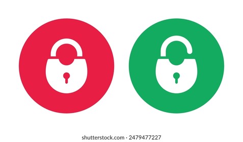 Icono de bloqueo y desbloqueo símbolo de privacidad establecido en círculo verde y rojo en estilo redondeado. Juego de cerraduras de cierre y apertura. Colección de icono de candado. Color rojo y verde bloqueado y desbloqueado.