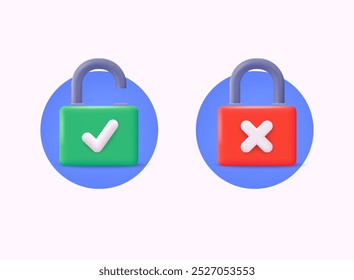 Bloquear y desbloquear el símbolo de privacidad del icono establecido en color rojo y verde en estilo simple. Ilustraciones vectoriales de Web 3D.