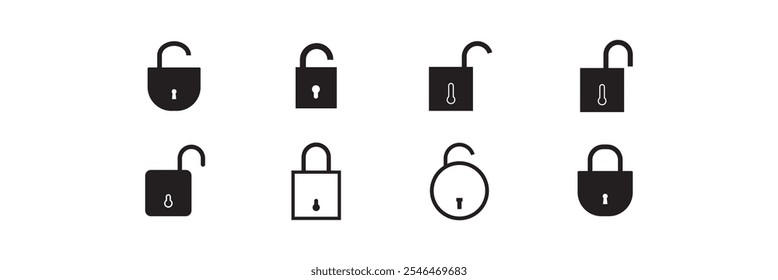 Lock and unlock icon privacy symbol set in black and white color in simple style. Set of close and open locks. Lock icon collection. Locked and unlocked black icon.