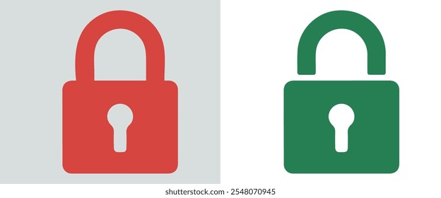 Bloquear y desbloquear el símbolo de privacidad del icono establecido en color rojo y verde en estilo de curva inferior, conjunto de iconos de bloqueo. Sistema de seguridad, símbolo de cerradura abierta y cerrada. Vector.