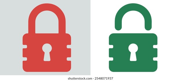 Bloquear y desbloquear el símbolo de privacidad del icono establecido en color rojo y verde en estilo de curva inferior, conjunto de iconos de bloqueo. Sistema de seguridad, símbolo de cerradura abierta y cerrada. Vector. Conjunto de bloqueo y desbloqueo de signo Vector