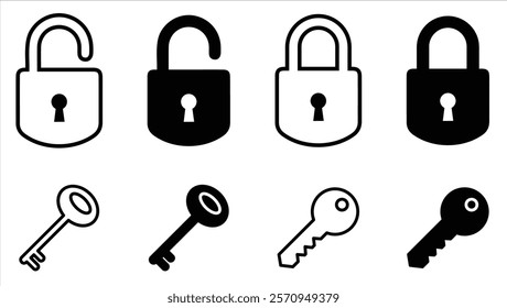 Lock and unlock icon privacy symbol set in black and white color in simple style. Set of close and open locks. Lock icon collection. Locked and unlocked black icon, lock, icon, unlock, locker, secret