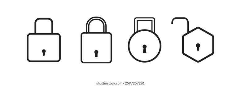 Lock and unlock icon privacy symbol set in black and white color in simple style. Set of close and open locks. Lock icon collection. Locked and unlocked black icon.