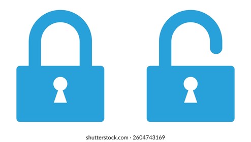 Lock and unlock icon set in blue color. Lock and unlock icon collection. Set of open and close lock. Locked and unlocked vector icon set. Lock symbol isolated on white background. icons.
