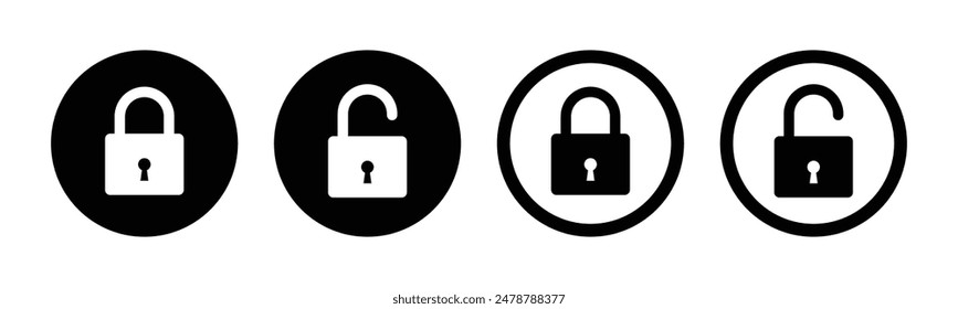 Sperren und Entsperren von Symbolen im Kreis- und Strichstil in schwarz-weißer Farbe im quadratischen Stil. Symbol-Kollektion sperren. Symbol für gesperrte und entsperrte schwarze Striche. Flaches Sicherheitssymbol Vektorgrafik-Symbol.