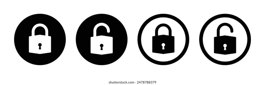 Lock and unlock icon set in circle and stroke style in black and white color in modern style. Lock icon collection. Locked and unlocked black stroke icon. Flat security symbol. Vector Icon.