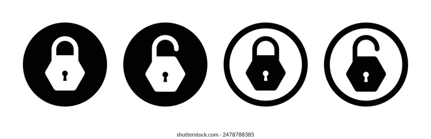 Icono de bloqueo y desbloqueo establecido en estilo círculo y trazo en estilo hexagonal en color blanco y negro. Colección de icono de candado. Icono de trazo negro bloqueado y desbloqueado. Símbolo de seguridad plano. Icono de Vector.