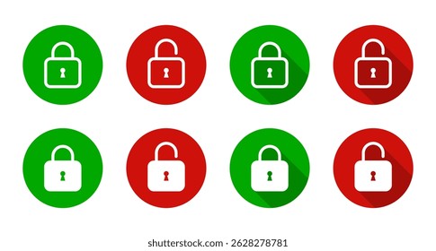 Lock and unlock icon set with long shadow. Security padlock sign. Safe, privacy protection symbol