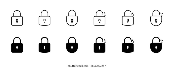 Lock and unlock icon set. Padlock outline, filled solid symbols collection. Vector icons