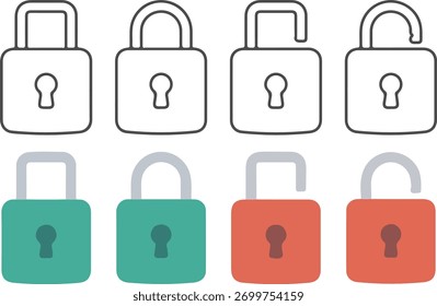 Lock and unlock icon set, padlock security minimal vector graphic