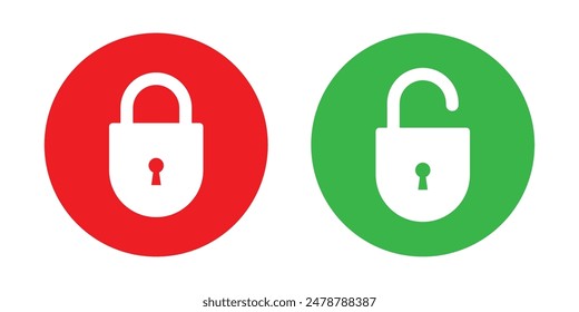 Icono de bloqueo y desbloqueo establecido en círculo rojo y verde para el diseño de la interfaz de usuario. Colección de icono de candado. Conjunto de iconos bloqueados y desbloqueados. Símbolo de seguridad plano. Icono de Vector.