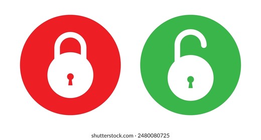 Icono de bloqueo y desbloqueo establecido en círculo rojo y verde para los Elementos de diseño de la interfaz de usuario. Colección de icono de candado. Conjunto de iconos bloqueados y desbloqueados. Símbolo de seguridad plano. Icono de Vector.