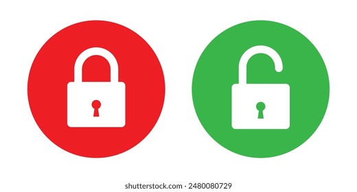 Icono de bloqueo y desbloqueo establecido en círculo rojo y verde en estilo simple para los Elementos de diseño de la interfaz de usuario. Colección de icono de candado. Conjunto de iconos bloqueados y desbloqueados. Símbolo de seguridad plano. Icono de Vector.