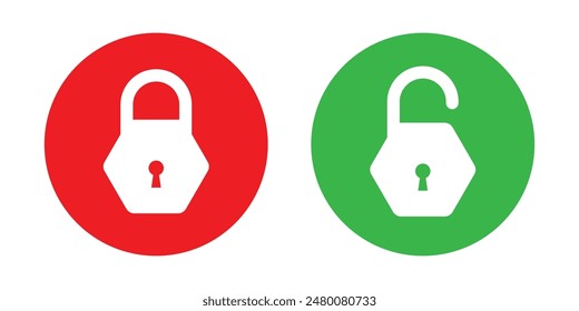 Icono de bloqueo y desbloqueo establecido en círculo rojo y verde en estilo hexagonal para Elementos de diseño de interfaz de usuario. Colección de icono de candado. Conjunto de iconos bloqueados y desbloqueados. Símbolo de seguridad plano. Icono de Vector.