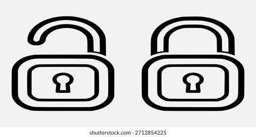 Lock and unlock icon set representing security and privacy concept with open and closed padlock line art