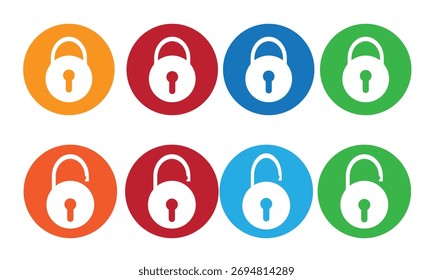 "Conjunto de ícones coloridos de bloqueio e desbloqueio - Símbolos vetoriais de segurança e privacidade para proteção de dados, controle de acesso, segurança cibernética, senha e design de tecnologia digital."