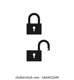 Lock and unlock icon symbol. Padlock open and closed sign. Security access logo. Vector illustration image. Black silhouette shape isolated on white background.