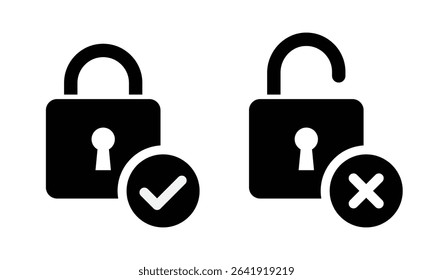 Lock unlock icon with tick and cross black and white color. Yes no mark closed and open padlock symbol. Security privacy vector illustration